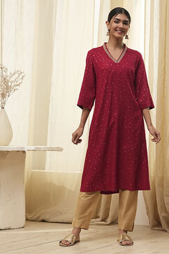 Red Foil Printed Straight Kurta image number 5