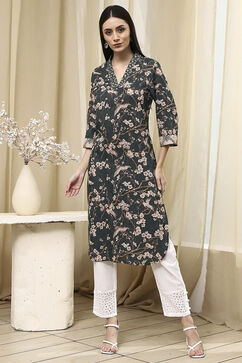 Dark Green Cotton Printed Straight Kurta image number 5