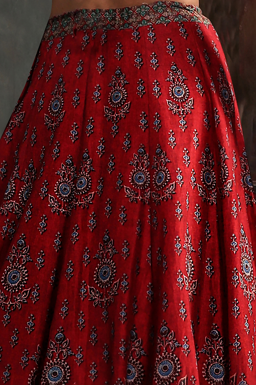 Red Chanderi Printed Fitted Lehenga Set image number 2