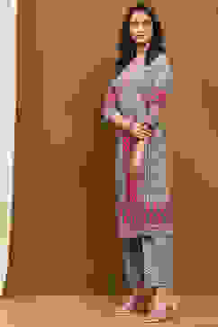 Beige and Blue Cotton Printed Straight Kurta Set image number 3