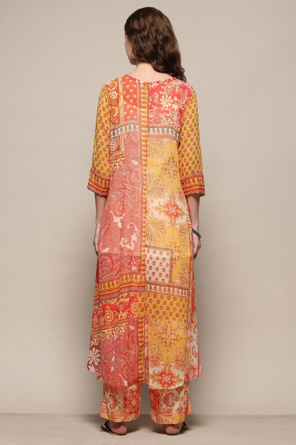 Yellow Printed Asymmetric Kurta & Palazzo Suit Set image number 4