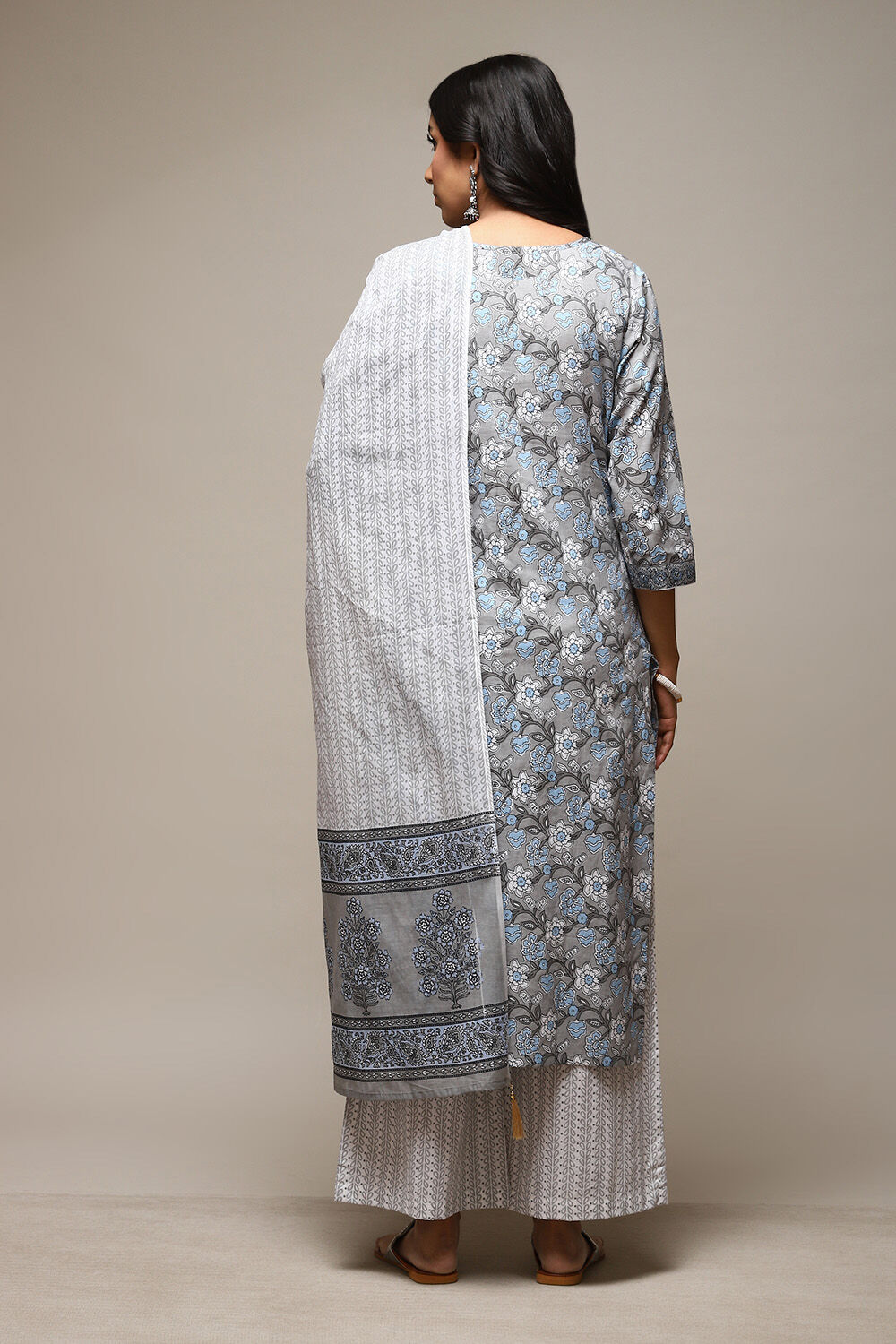 Grey Cotton Hand Block Print Unstitched Suit Set image number 5