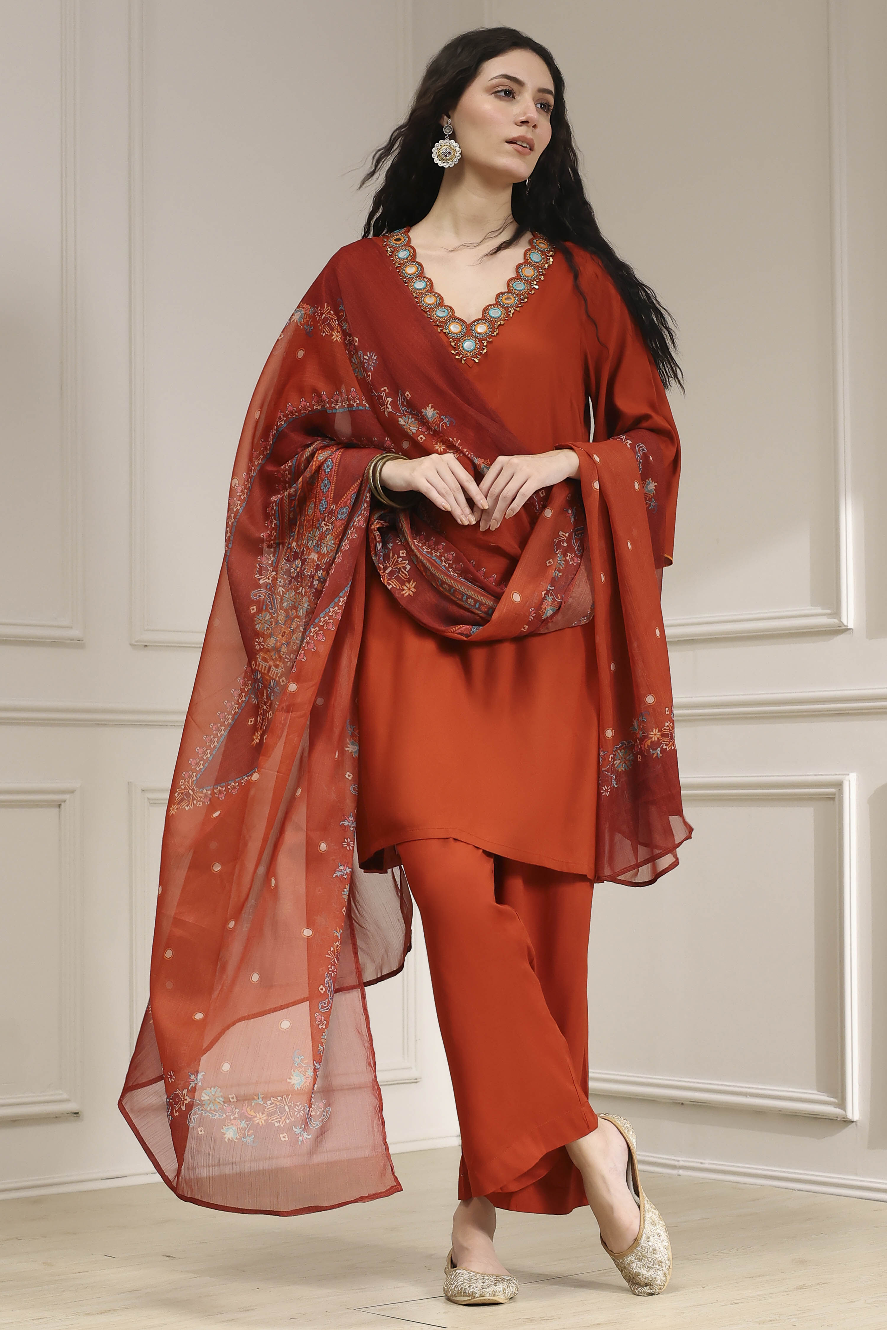 Burnt Orange Solid Relaxed Straight Suit Set image number 0