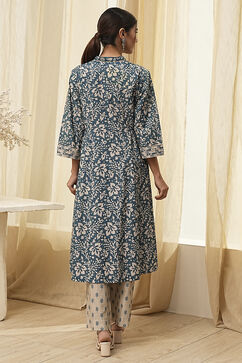 Indigo Cotton Printed Gathered Suit Set image number 4