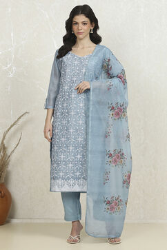 Blue Chanderi Machine Embroidered Unstitched Suit Set image number 1