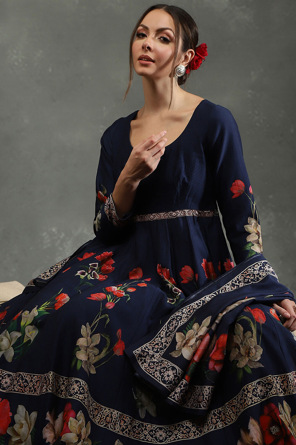 Rohit Bal Navy Blue Silk Chanderi Floral Anarkali Suit Set image number 0