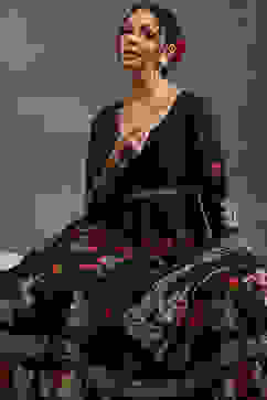 Rohit Bal Navy Blue Silk Chanderi Floral Anarkali Suit Set image number 0