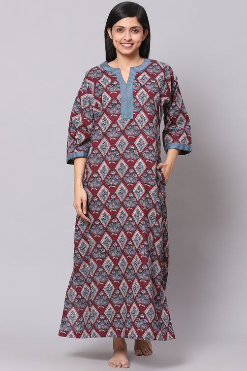 Wine Straight Art Silk Printed Sleepwear image number 5