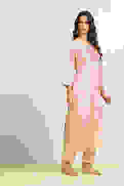 Peach Tussar Silk Blend Printed Unstitched Suit Set image number 6