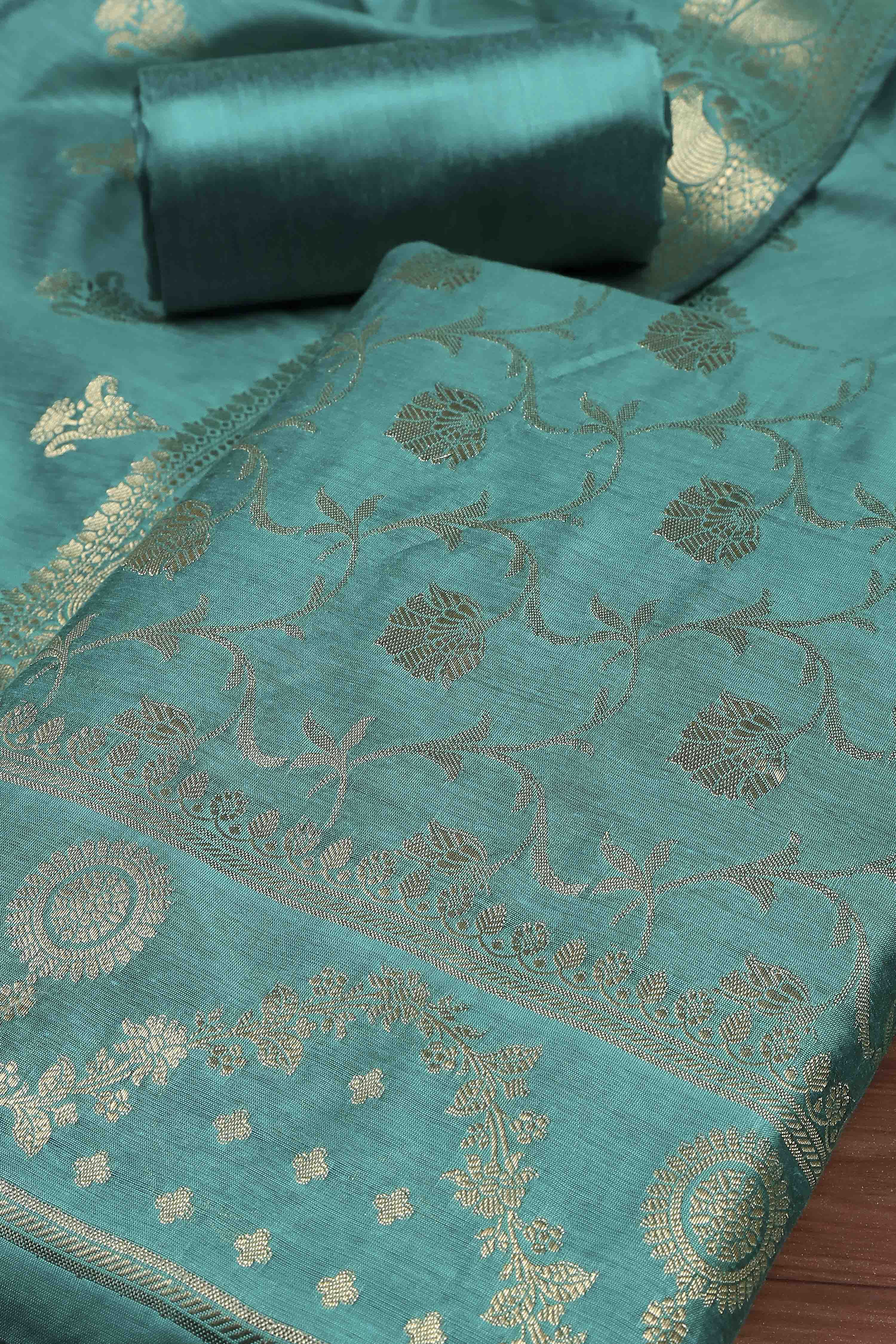 Teal Banarasi Chanderi Banarasi Print Unstitched Suit Set image number 1