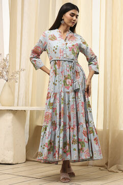 Light Blue Cotton Floral Tiered Dress image number 5