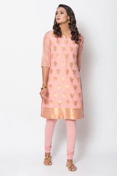 Coral Red Poly Metallic Cotton Straight Yarndyed Kurta image number 3