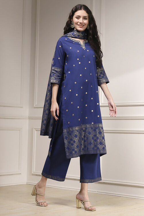 Blue Cotton Printed Straight Suit Set image number 5
