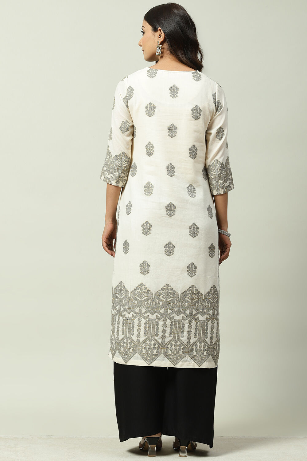 Black Beige Art Silk Straight Kurta image number 4