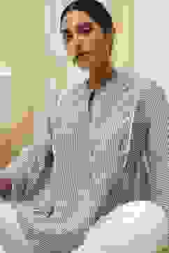 Blue Cotton Striped Straight Short Kurta image number 6