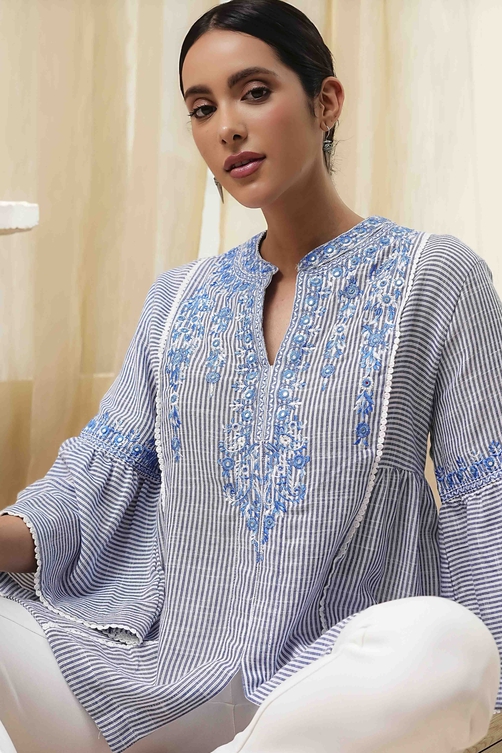 Blue Cotton Striped Straight Short Kurta image number 6