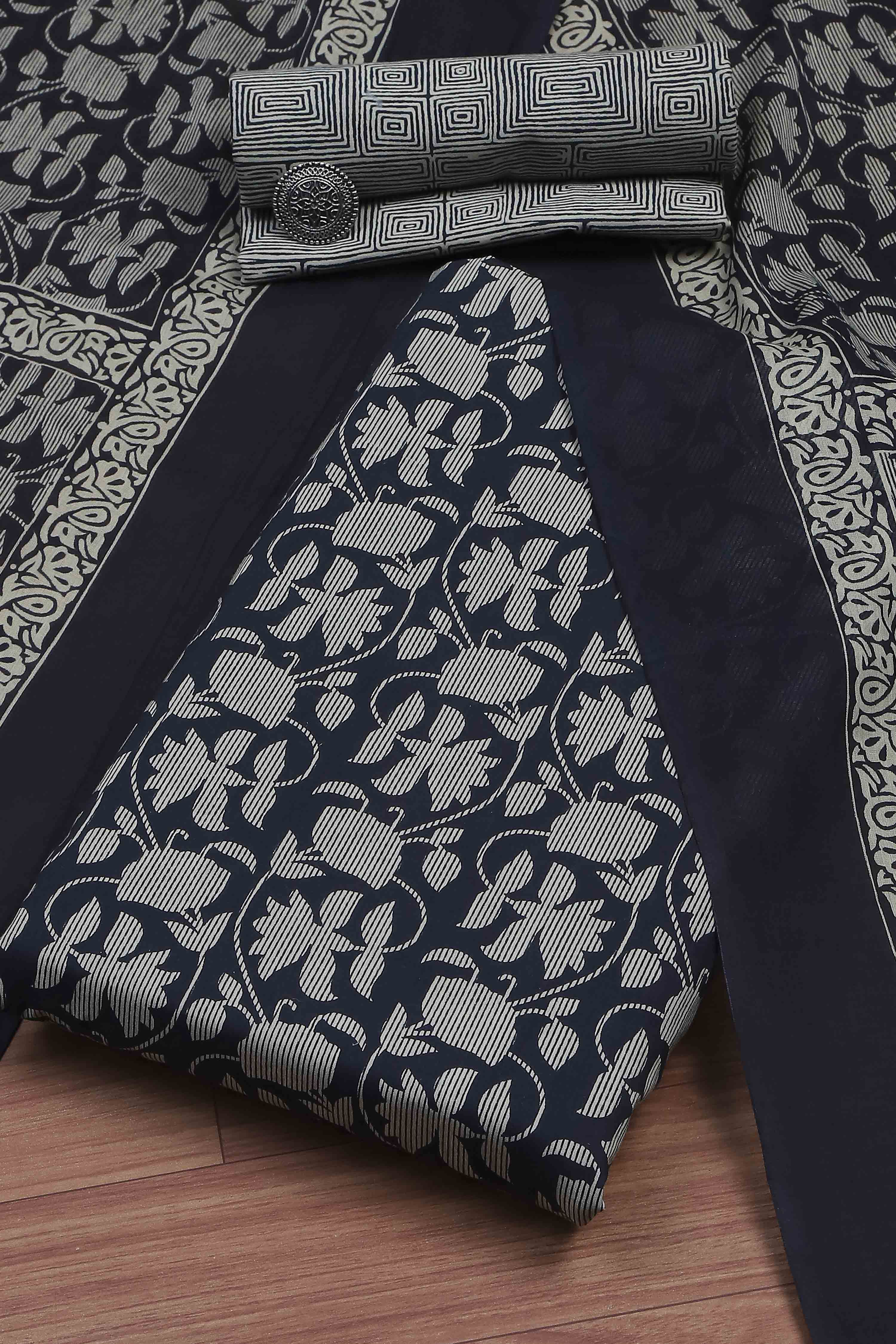 Indigo Cotton Screen Print Unstitched Suit Set image number 0