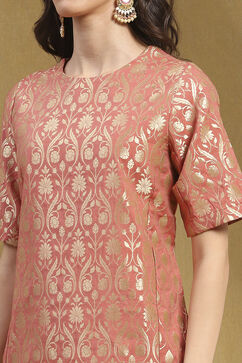 Peach-Toned Jacquard Floral Yarn-Dyed Straight Kurta Set image number 1
