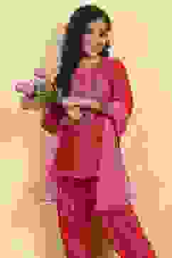 Pink Cotton Blend Printed Straight Suit Set image number 7