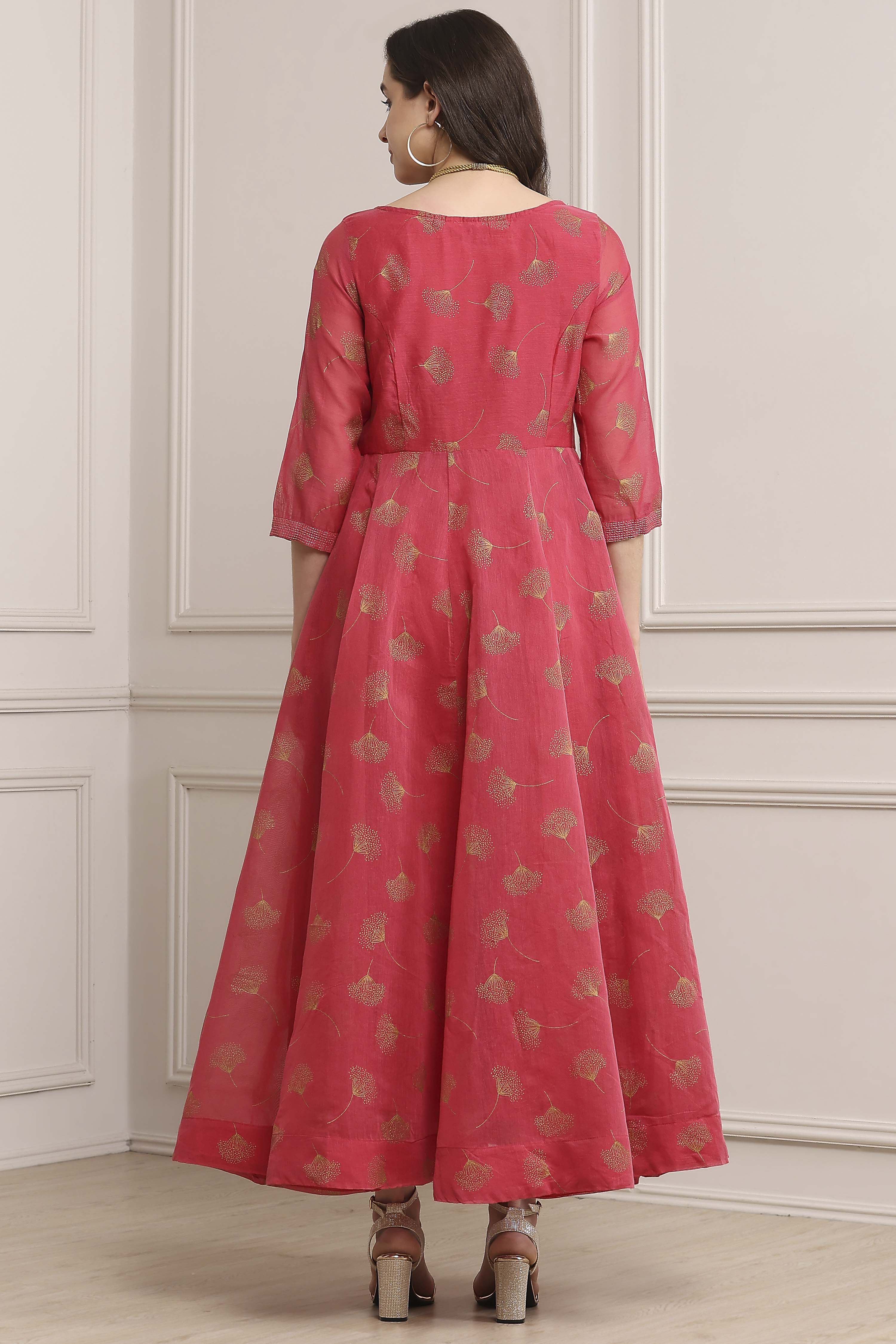 Pink Cotton Blend Flared Printed Dress image number 3