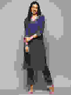 Blue Poly Viscose Straight Suit Set image number 0