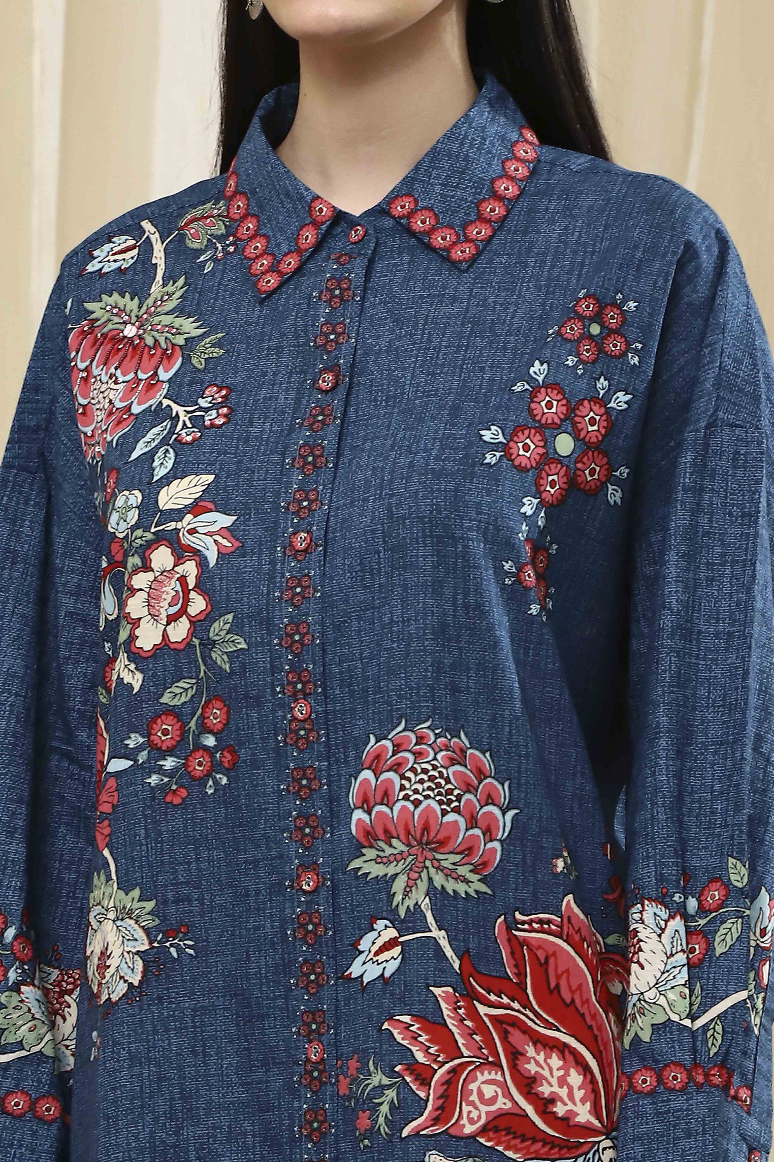 Blue Cotton Floral Printed Shirt image number 1