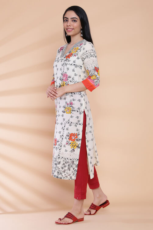 Cream Cotton Straight Printed Kurta image number 2