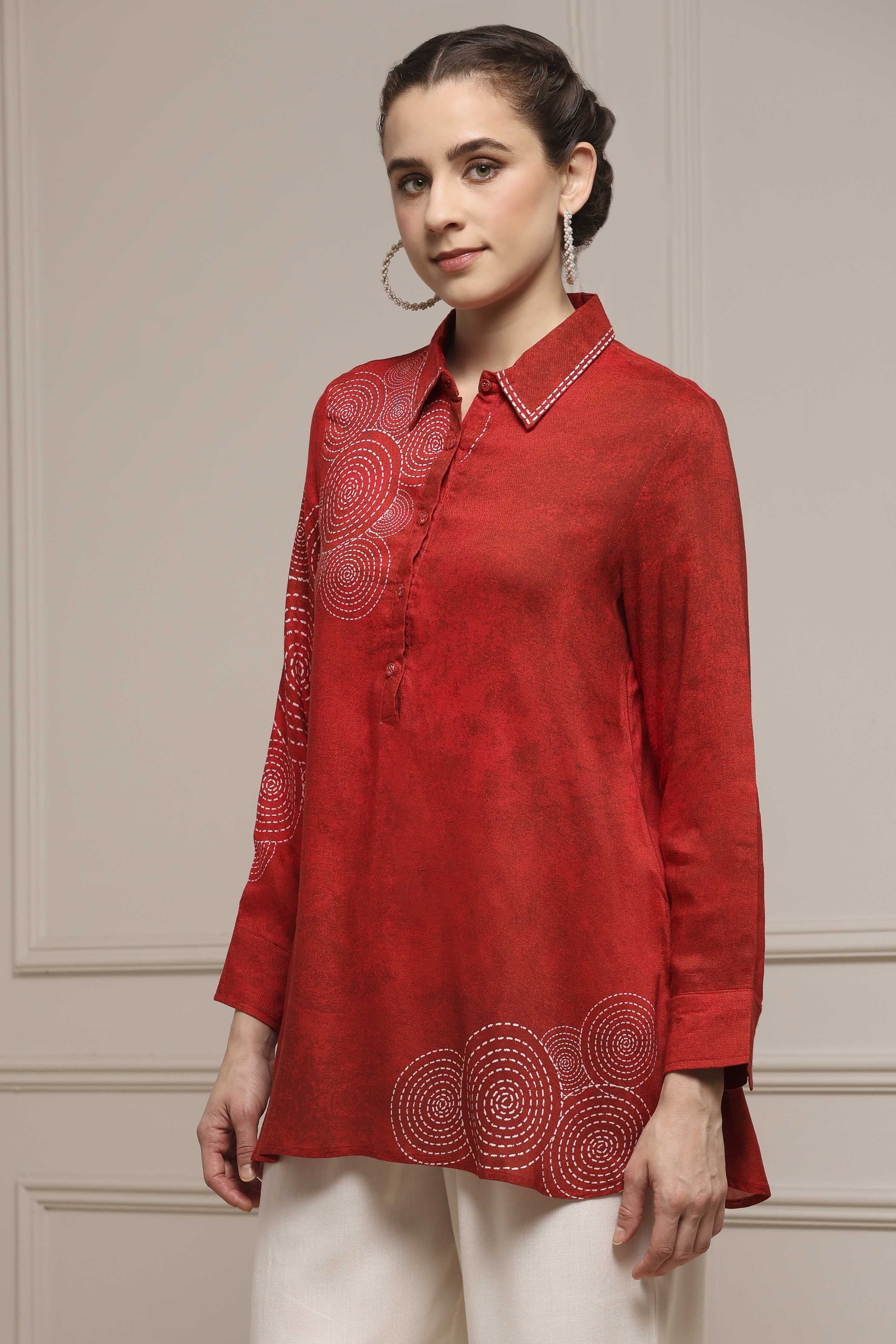 Red Viscose Rayon A-Line Printed Top image number 2