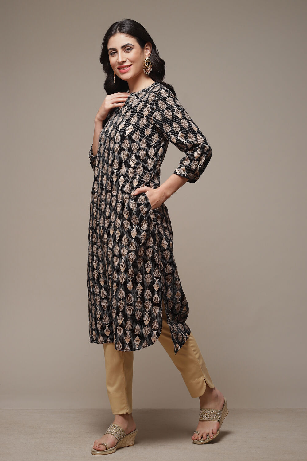 Charcoal Cotton Straight Printed Kurta image number 3