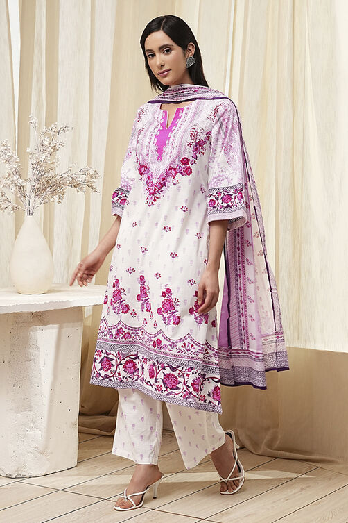 White and Pink Cotton Printed Straight Suit Set image number 3