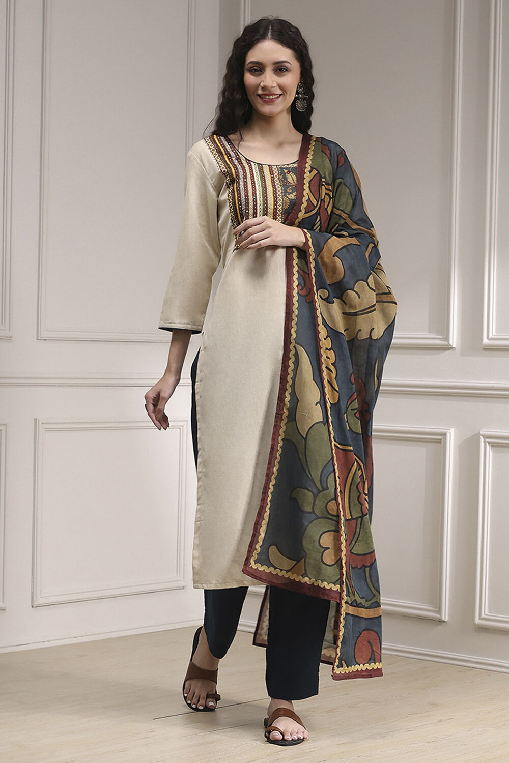 White Cotton Hand Block Print Unstitched Suit Set image number 1