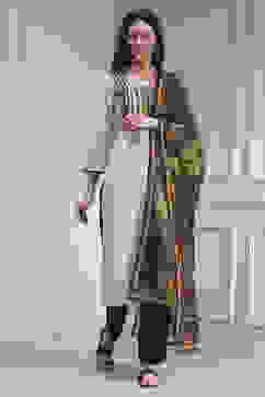 White Cotton Hand Block Print Unstitched Suit Set image number 1