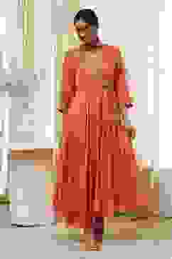 Peach Modal Printed Angrakha Anarkali Suit Set image number 0