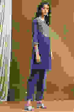 Indigo Cotton Printed Gathered Kurta Set image number 5