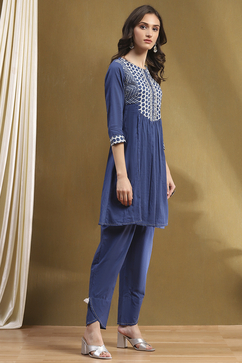Indigo Cotton Printed Gathered Kurta Set image number 5