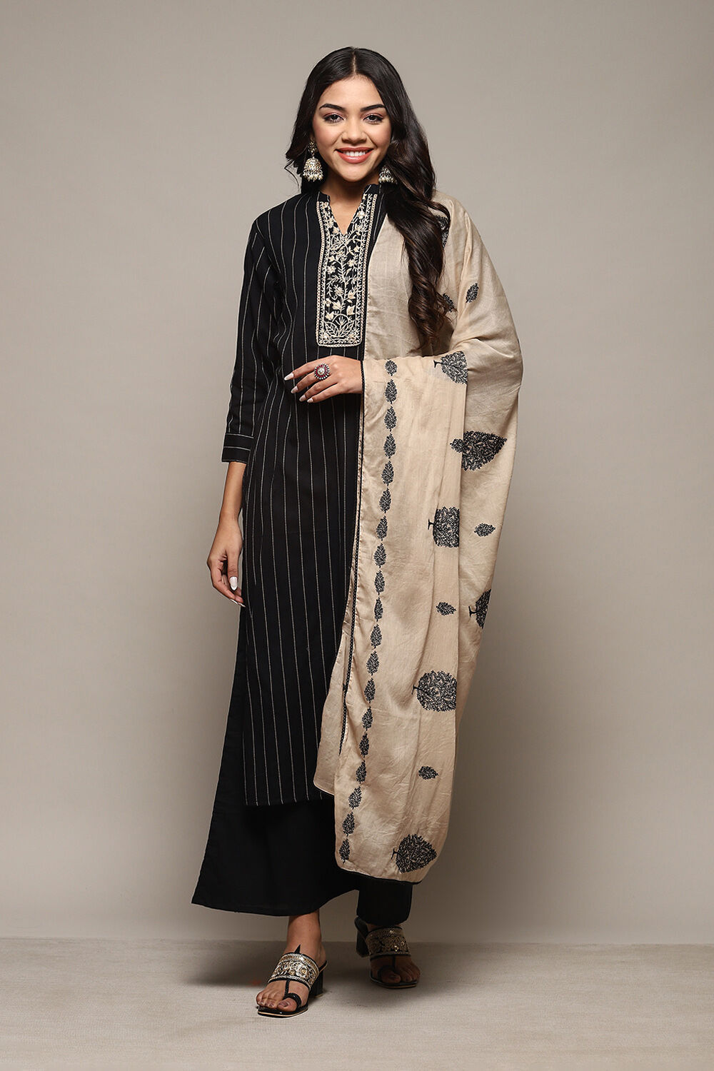 Black Cotton Hand Embroidered Unstitched Suit Set image number 8