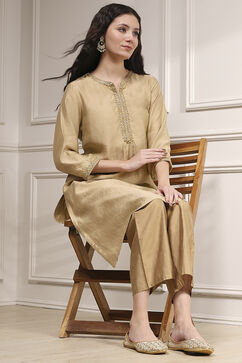 Beige Polyester Blend Straight Solid Kurta image number 0