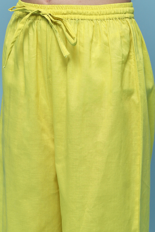 Yellow Gathered Cotton Kurta With Palazzo & Net Dupatta image number 2