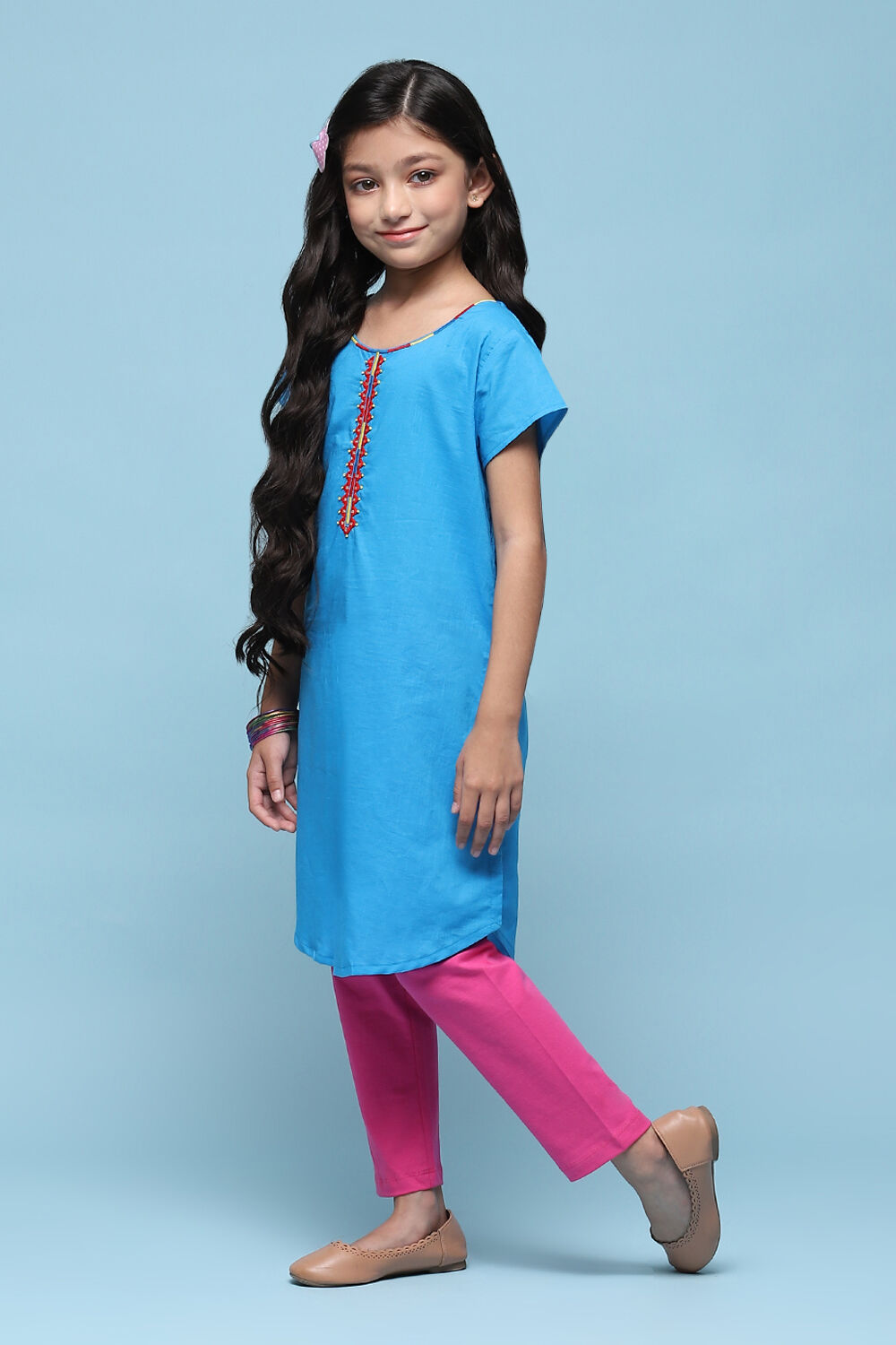 Blue Cotton Straight Solid Kurta Set image number 3