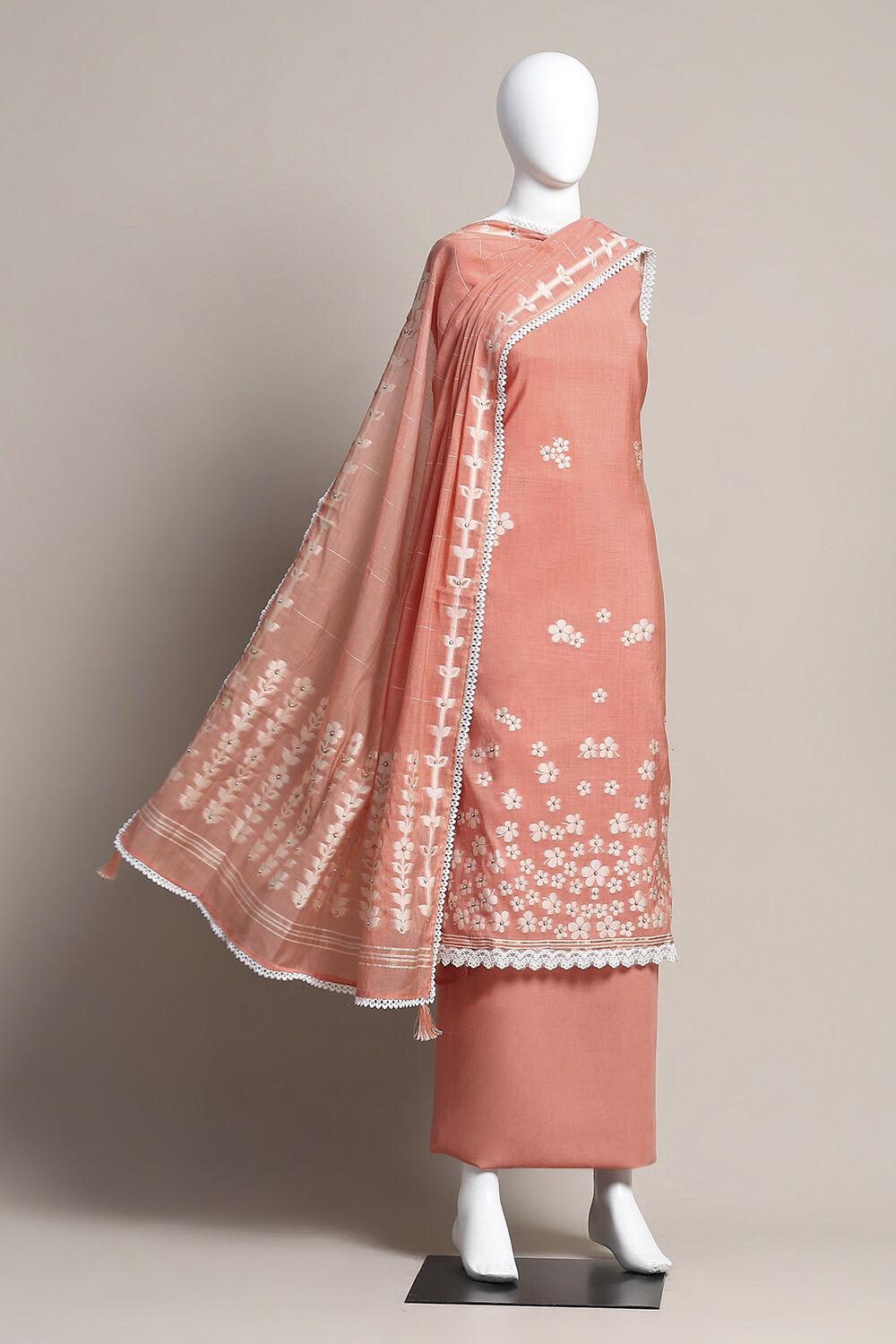 Peach Chanderi Unstitched Suit Set image number 0