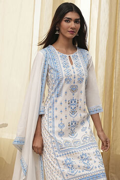Off-White and Blue Cotton Straight Suit Set image number 7