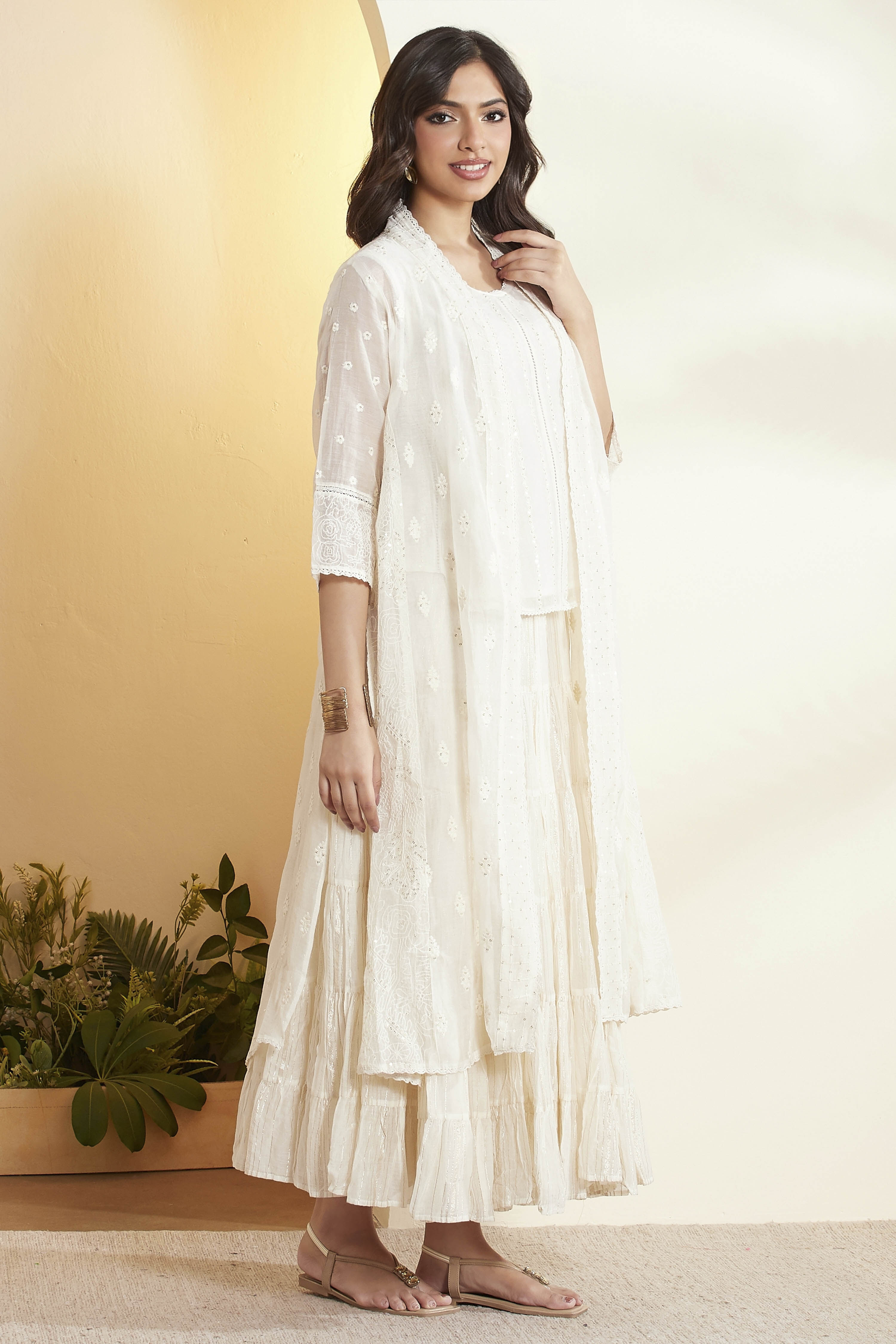 Off-White Cotton Embroidered Silk Fusion Set image number 5