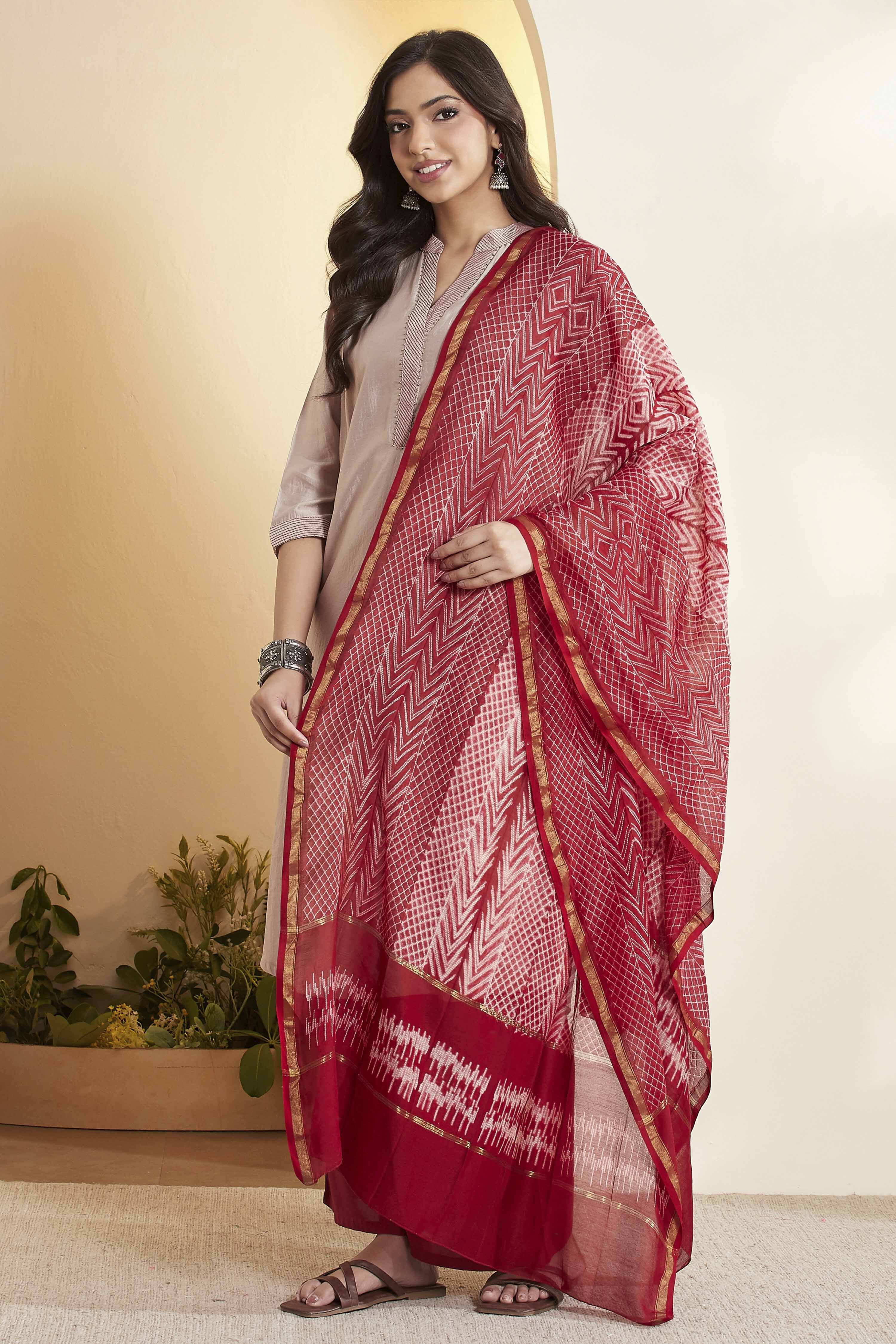 Red Chanderi Chevron Printed Dupatta image number 3