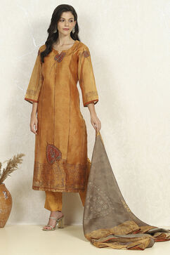 Mustard Chanderi Unstitched Suit Set image number 1
