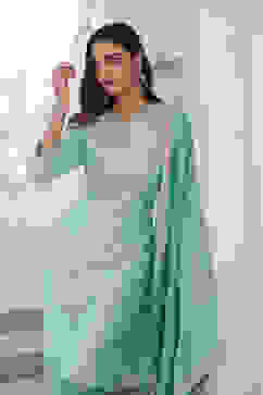 Aqua Yard-Dyed Chanderi Kurta & Pants Suit Set image number 0
