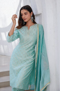 Aqua Yard-Dyed Chanderi Kurta & Pants Suit Set image number 0