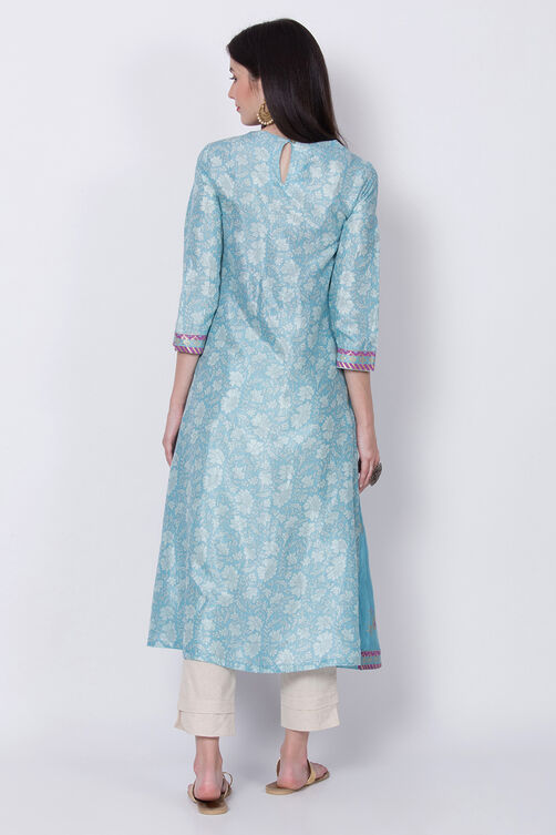 Blue Viscose A-Line Printed Kurta image number 4