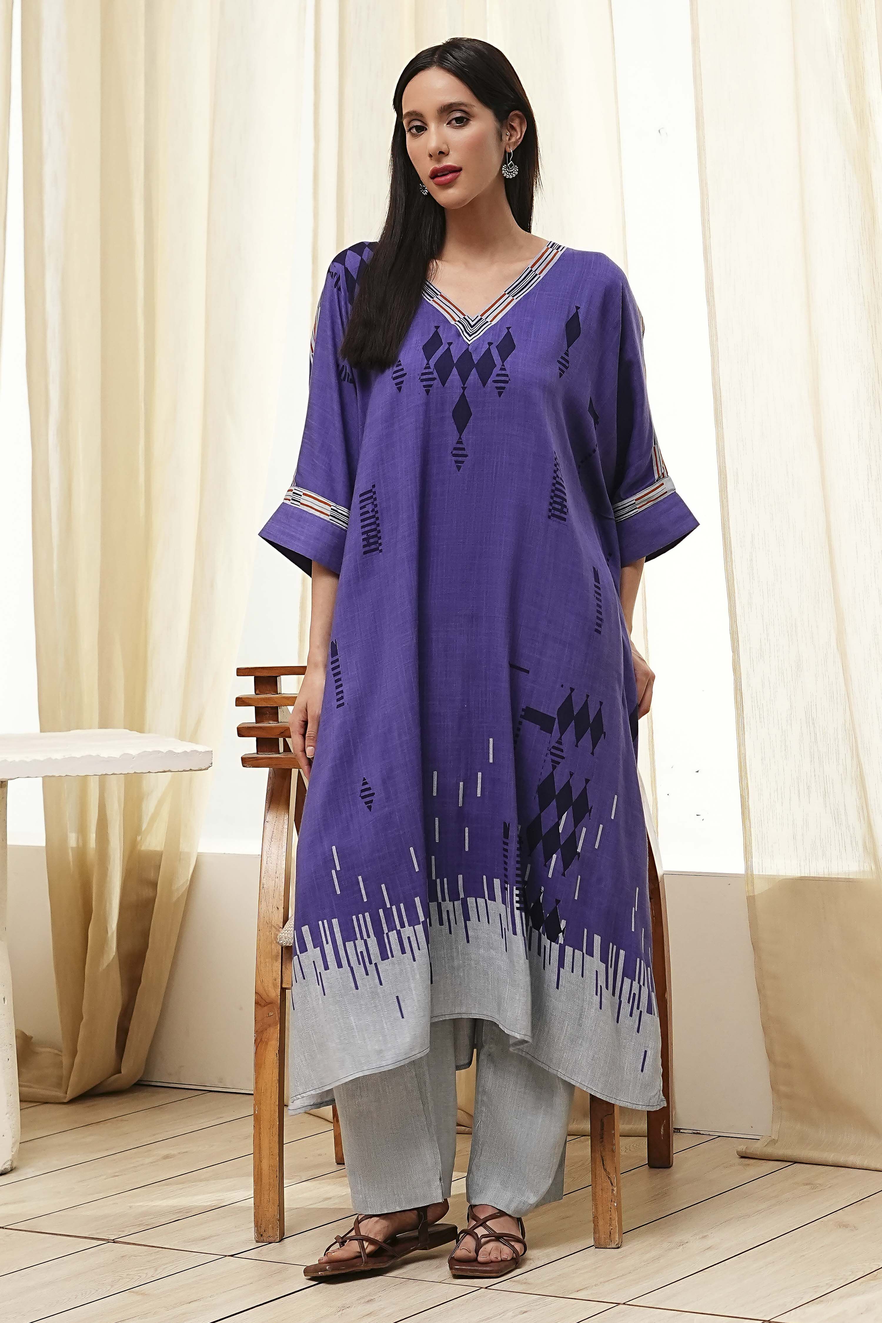 Blue Printed Kaftan-Style Kurta Set image number 6
