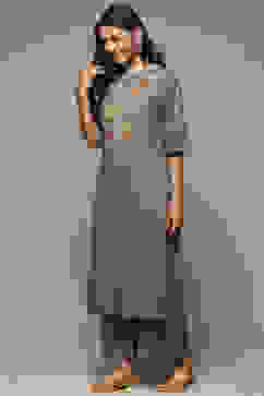 Grey Cotton Straight Kurta Palazzo Suit Set image number 3