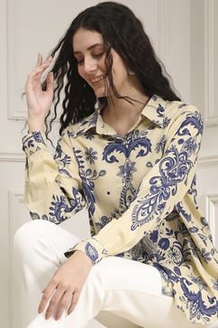 Off-White and Blue Printed Relaxed Fit Shirt